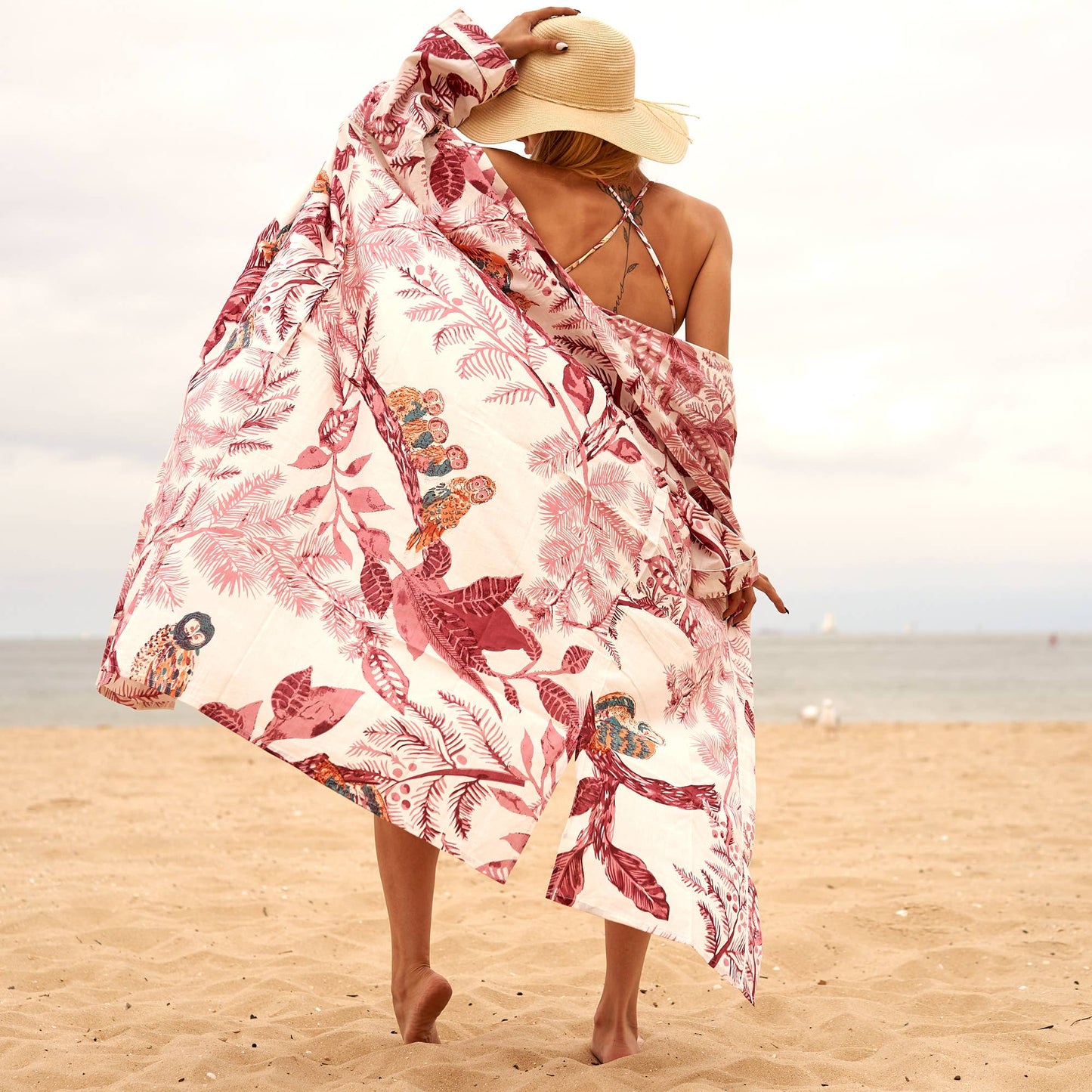 Handmade Cotton Bathrobe Kaftan - Pink Owl